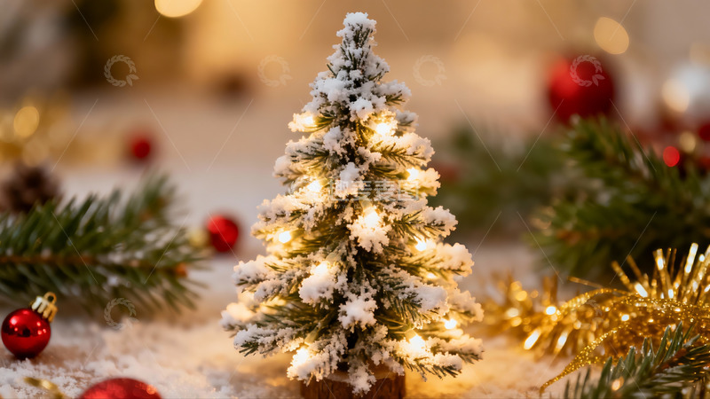 高清大图下载【趣麦麦图】雪覆圣诞树灯光闪烁