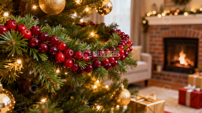 高清大图下载【趣麦麦图】圣诞树装饰与壁炉旁礼物