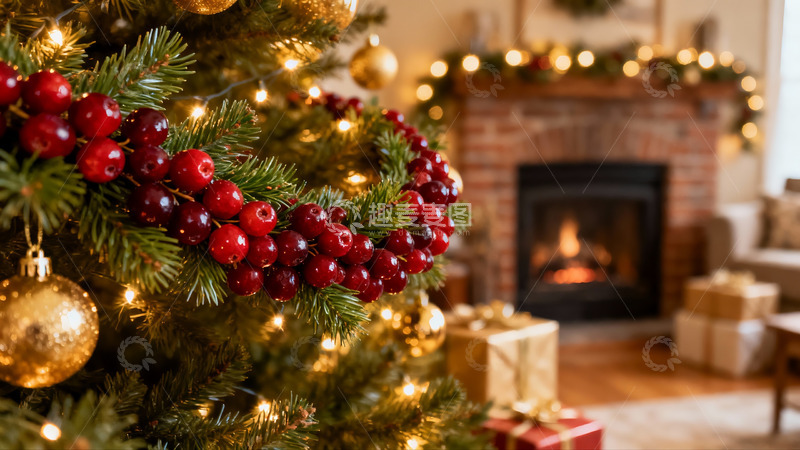 高清大图下载【趣麦麦图】圣诞树与壁炉的温馨节日场景