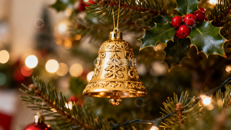 高清大图下载【趣麦麦图】圣诞树上的金色铃铛装饰