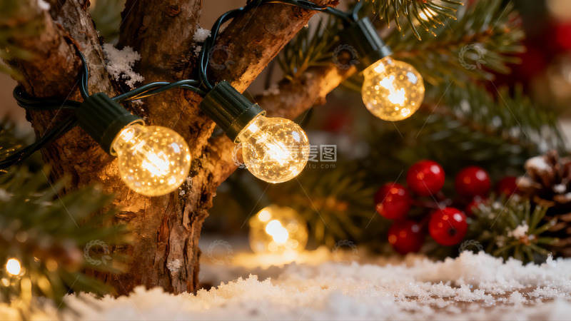 高清大图下载【趣麦麦图】雪中松枝挂灯节日氛围