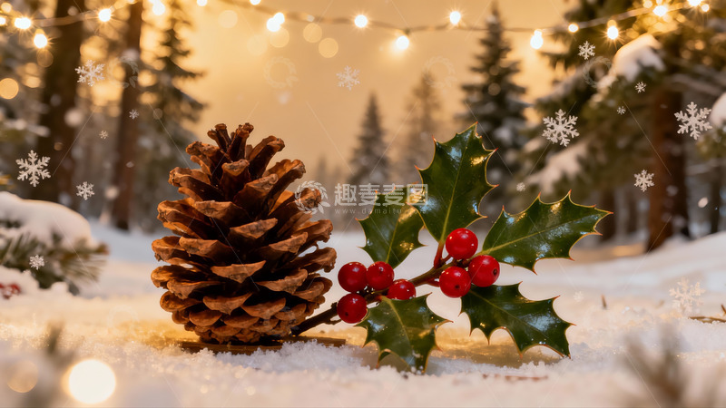 高清大图下载【趣麦麦图】雪地松果与冬青点缀圣诞氛围