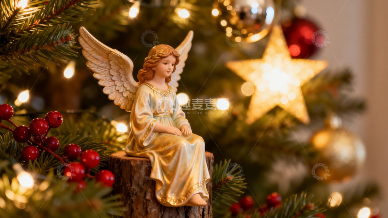 高清大图下载【趣麦麦图】圣诞树天使摆件温馨节日装饰
