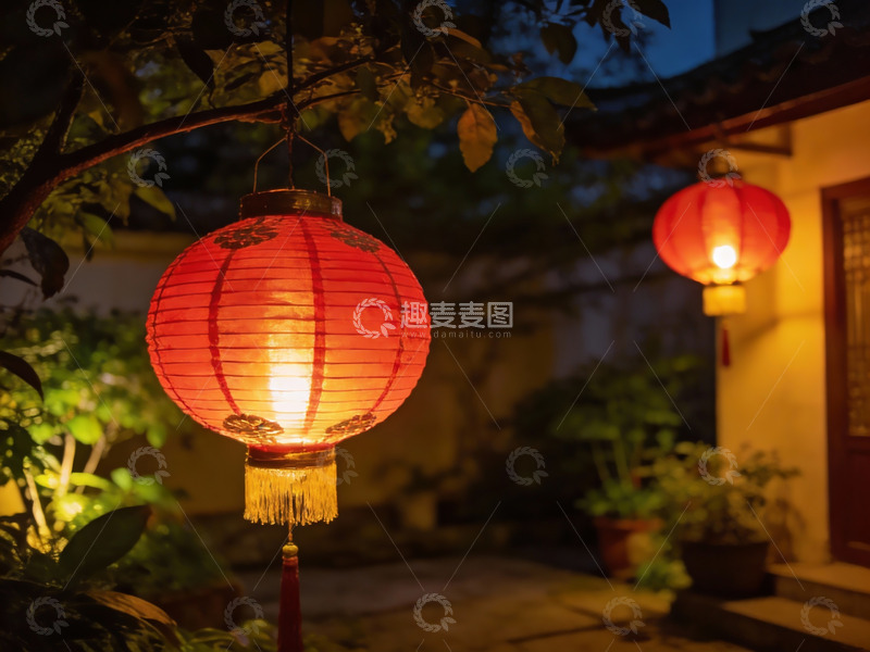 高清大图下载【趣麦麦图】夜色庭院红灯笼高挂