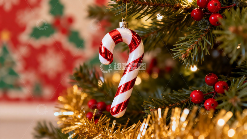 高清大图下载【趣麦麦图】圣诞树上的糖果拐杖装饰