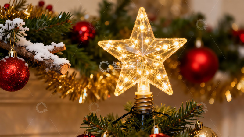 高清大图下载【趣麦麦图】圣诞树顶星灯与红色装饰球