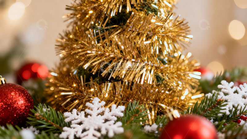 高清大图下载【趣麦麦图】金色圣诞树装饰特写