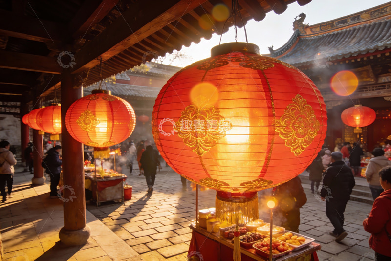 高清大图下载【趣麦麦图】古建筑庭院灯笼高挂人群熙攘
