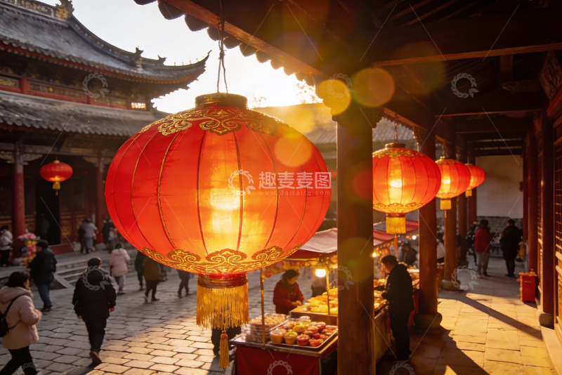 高清大图下载【趣麦麦图】古建筑前红灯笼集市夜景