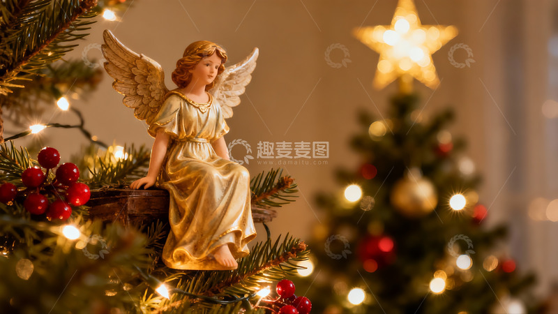 高清大图下载【趣麦麦图】圣诞树上的金色天使摆件