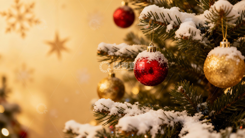 高清大图下载【趣麦麦图】雪覆圣诞树挂饰特写