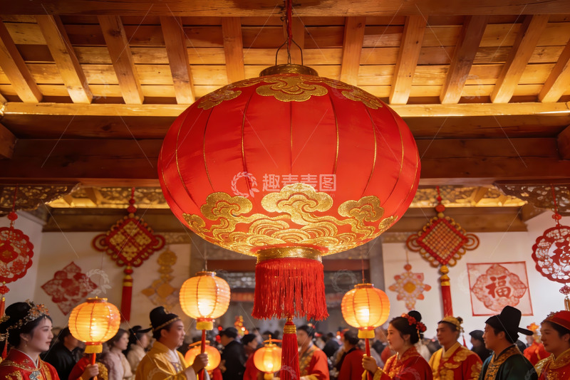 高清大图下载【趣麦麦图】古建筑内红灯笼装饰的节庆场景