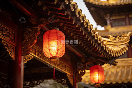 古建筑飞檐红灯笼夜景
