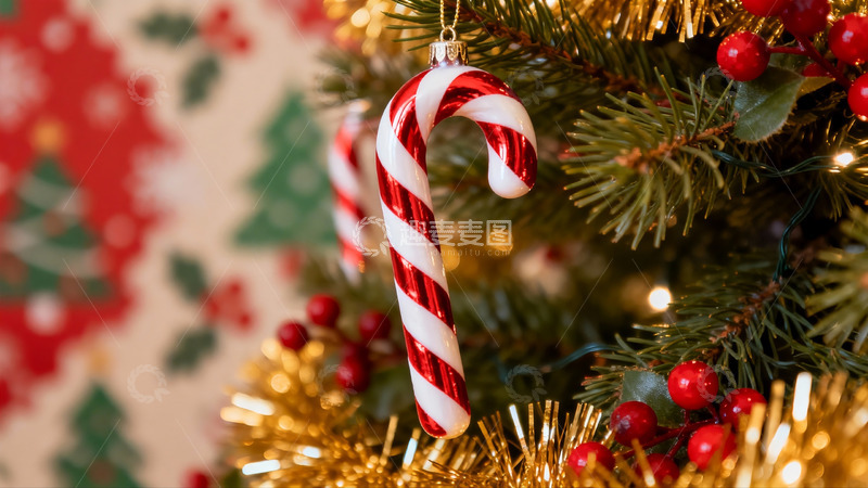 高清大图下载【趣麦麦图】圣诞树上的拐杖糖装饰