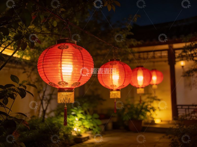 高清大图下载【趣麦麦图】夜庭院红灯笼高挂