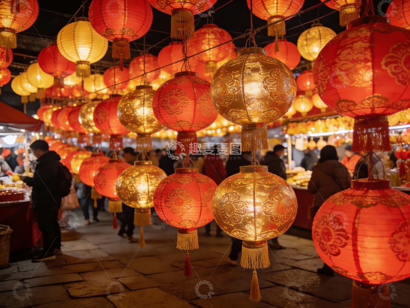 高清大图下载【趣麦麦图】夜市灯笼高挂人群熙攘