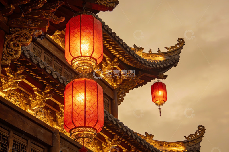 高清大图下载【趣麦麦图】古建筑飞檐红灯笼夜景