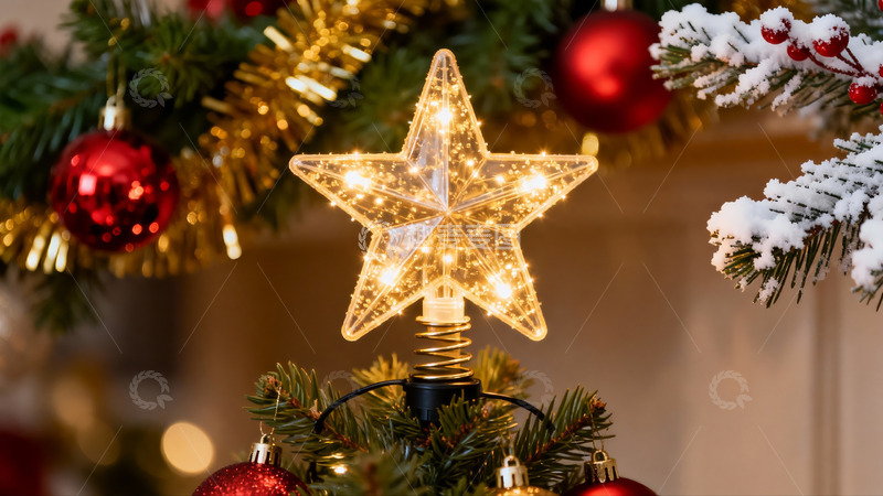 高清大图下载【趣麦麦图】圣诞树顶星灯装饰特写