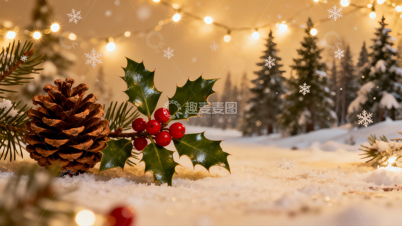 高清大图下载【趣麦麦图】雪夜圣诞松果与红果