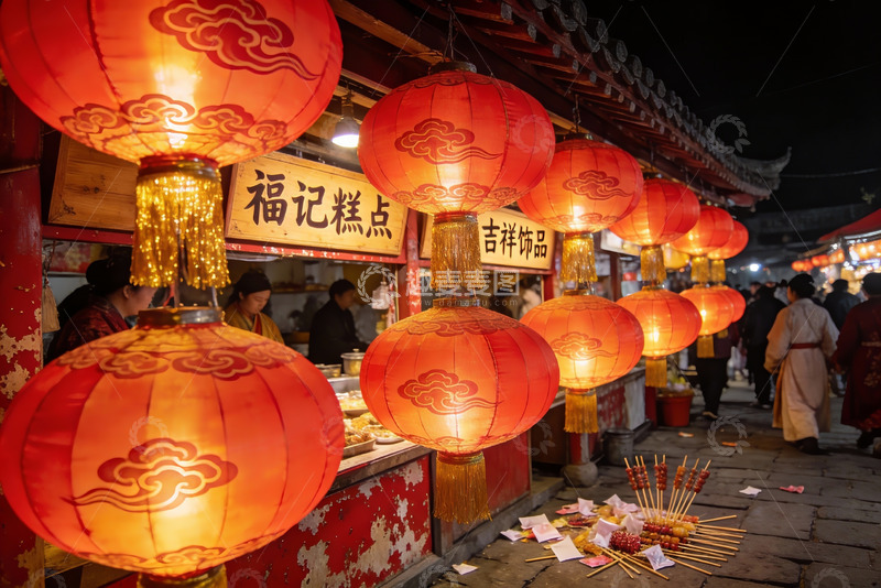 高清大图下载【趣麦麦图】夜市灯笼高挂人群熙攘