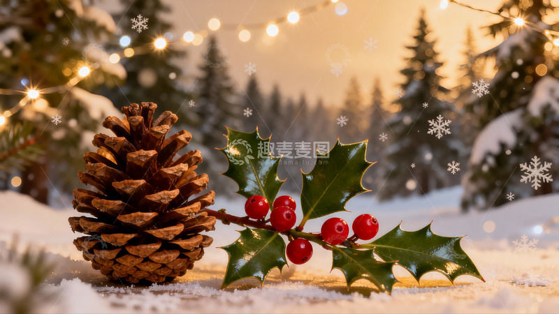 高清大图下载【趣麦麦图】雪地松果与冬青果实
