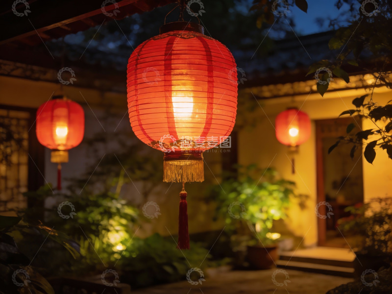 高清大图下载【趣麦麦图】夜色庭院红灯笼高挂