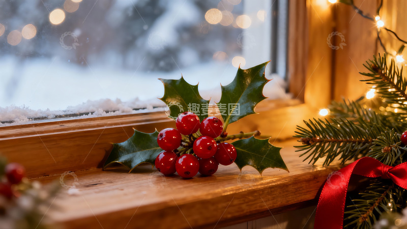 高清大图下载【趣麦麦图】窗台冬日装饰红果绿叶