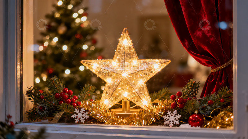 高清大图下载【趣麦麦图】窗台圣诞装饰星光璀璨