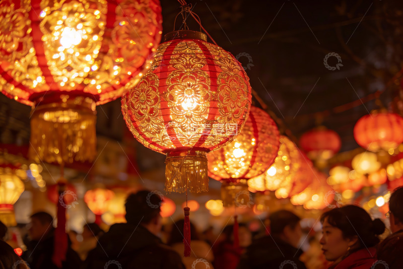 高清大图下载【趣麦麦图】夜市红灯笼高挂人群熙攘