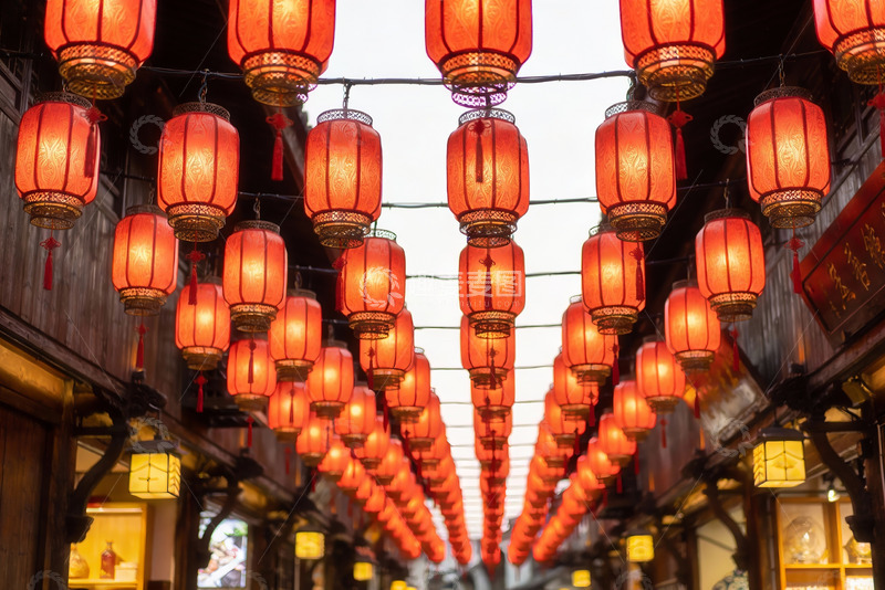 高清大图下载【趣麦麦图】古街红灯笼高挂节日氛围浓厚