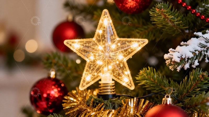 高清大图下载【趣麦麦图】圣诞树上的发光星星装饰