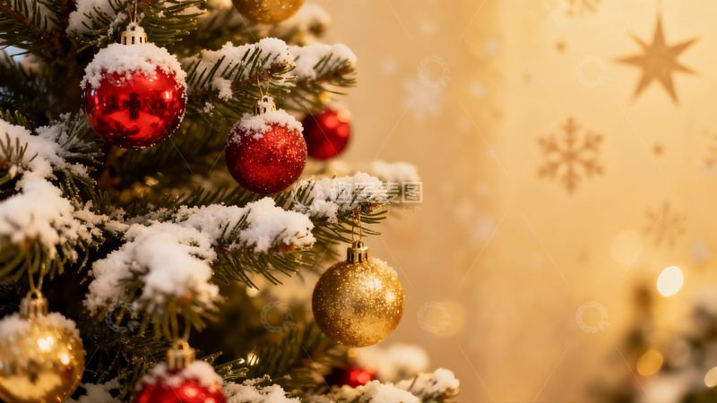 高清大图下载【趣麦麦图】雪覆圣诞树挂饰特写