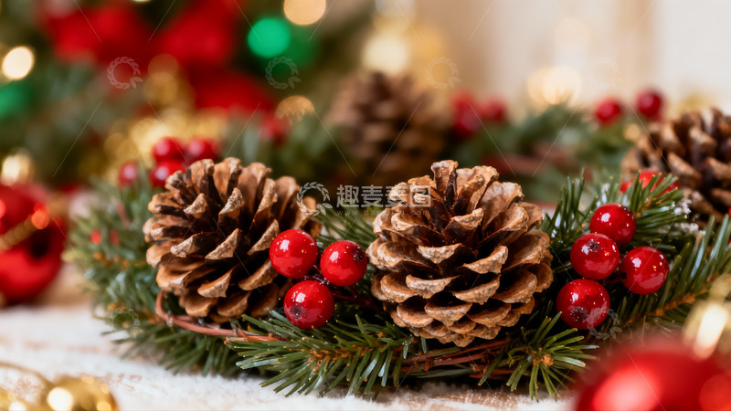 高清大图下载【趣麦麦图】圣诞花环松果红果装饰