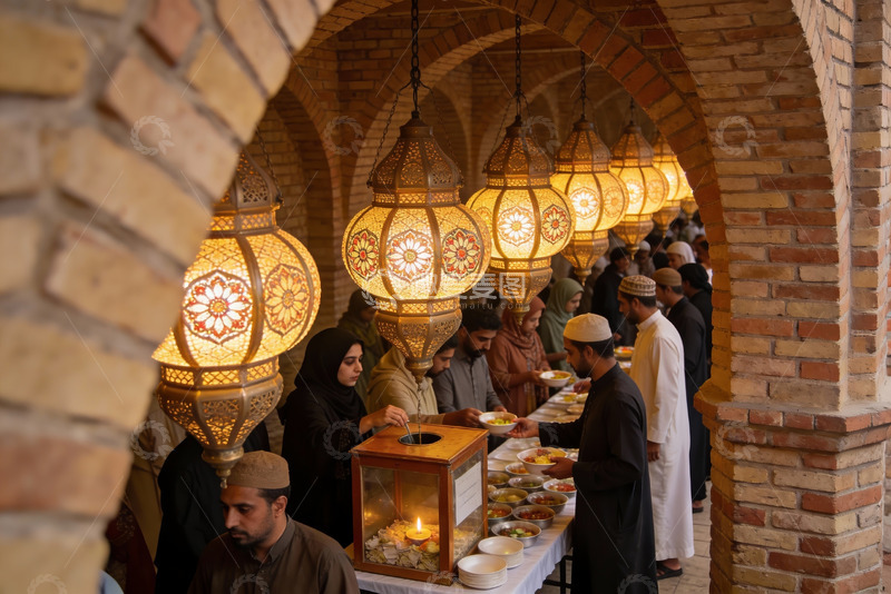 高清大图下载【趣麦麦图】拱廊下人群享用美食的场景