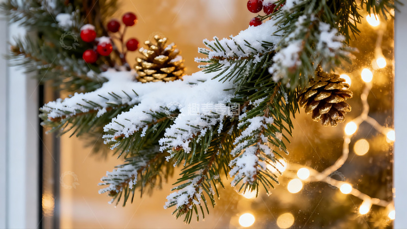 高清大图下载【趣麦麦图】雪覆松枝与金色松果