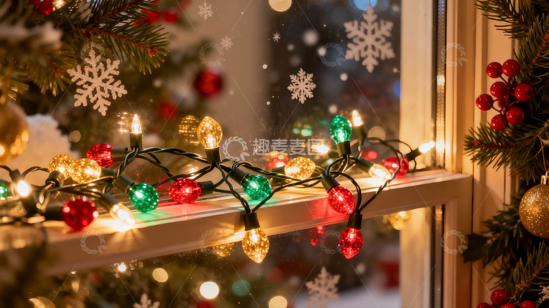高清大图下载【趣麦麦图】圣诞窗边彩灯闪烁温馨