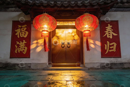 古建筑门前挂红灯笼
