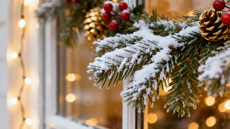高清大图下载【趣麦麦图】雪覆松枝节日装饰