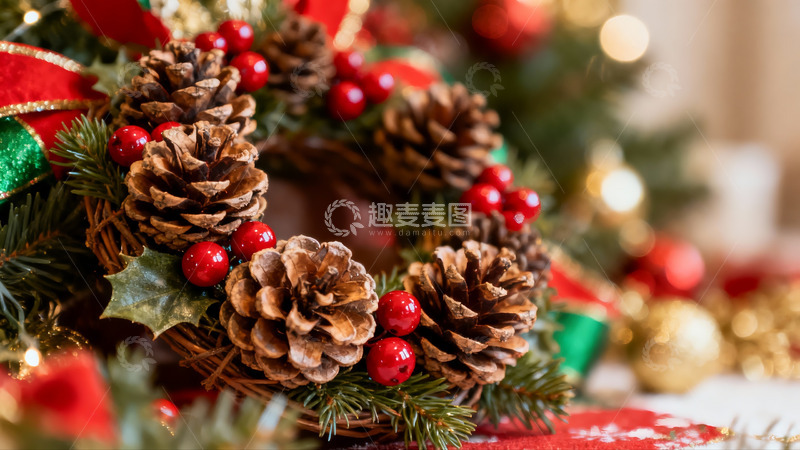 高清大图下载【趣麦麦图】圣诞花环装饰特写