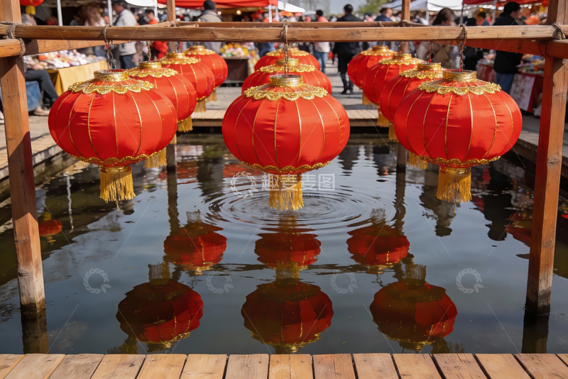 高清大图下载【趣麦麦图】红灯笼映水市集热闹场景