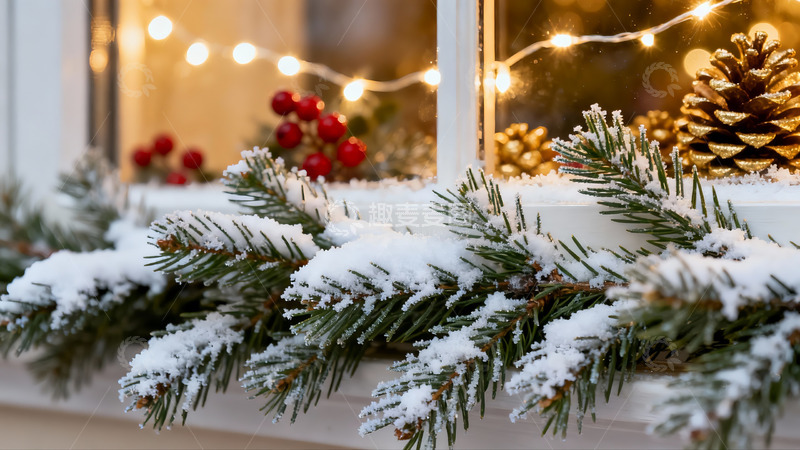 高清大图下载【趣麦麦图】雪覆松枝节日窗景