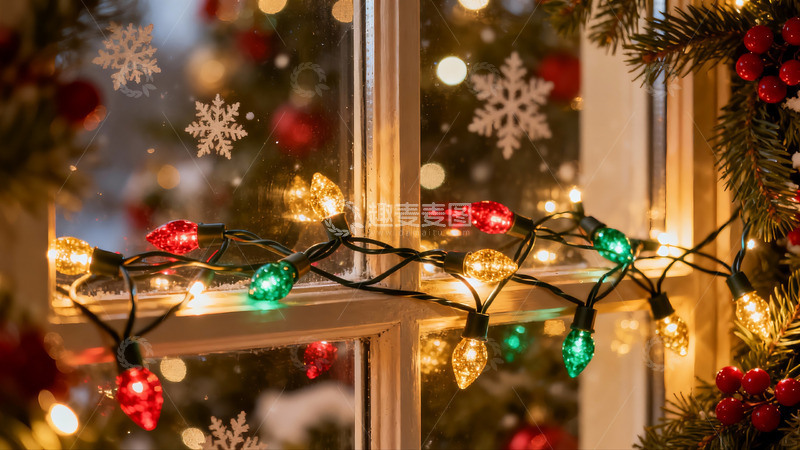 高清大图下载【趣麦麦图】窗边圣诞灯饰与雪景