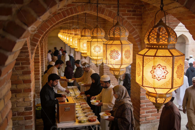 高清大图下载【趣麦麦图】拱廊下人们排队领取食物