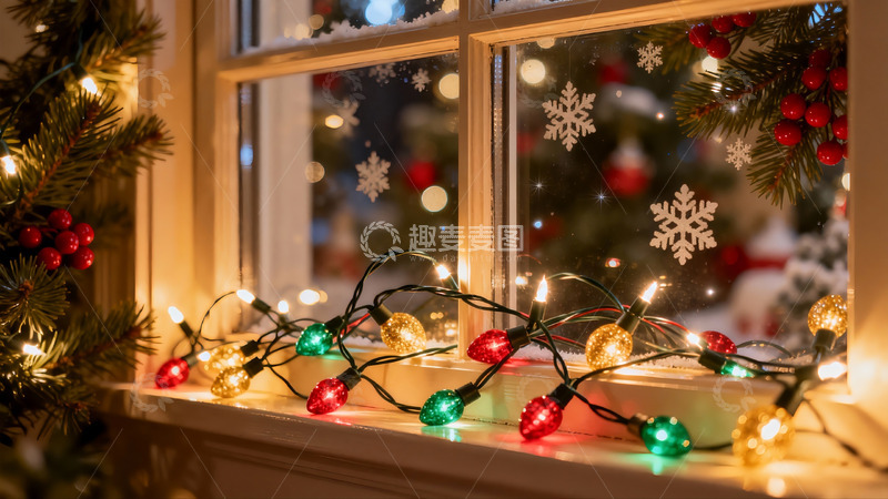 高清大图下载【趣麦麦图】圣诞窗景彩灯闪烁温馨
