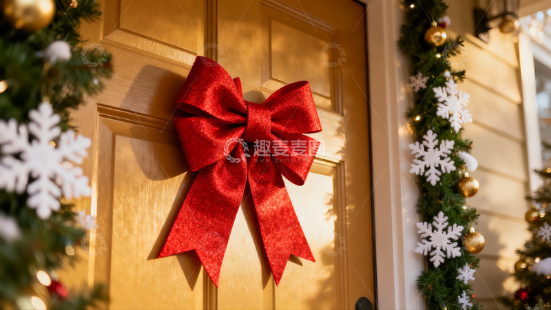 高清大图下载【趣麦麦图】圣诞装饰门上的红色蝴蝶结