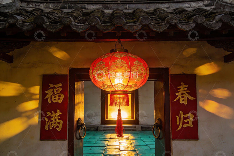 古建筑门前红灯笼高挂