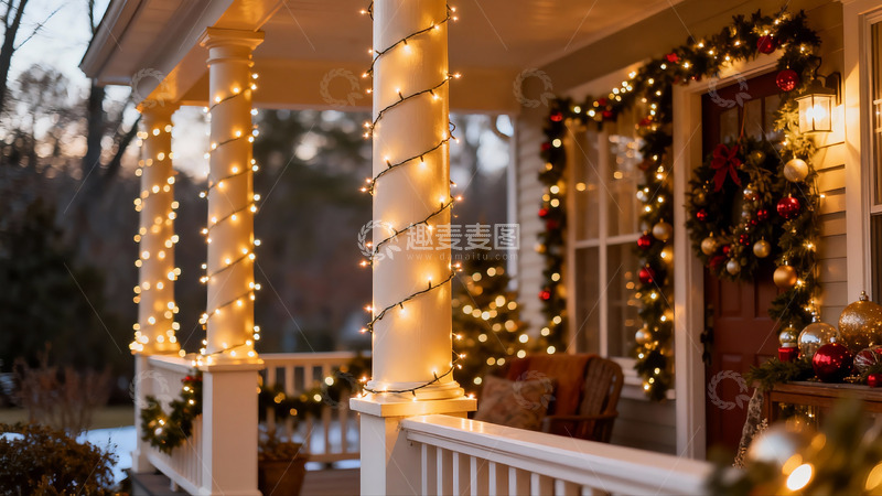 高清大图下载【趣麦麦图】圣诞装饰的温馨门廊夜景