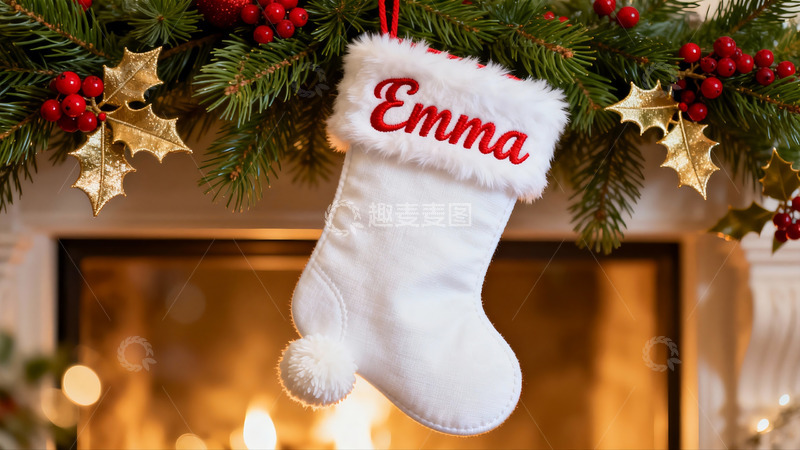 高清大图下载【趣麦麦图】圣诞袜挂壁炉前节日装饰