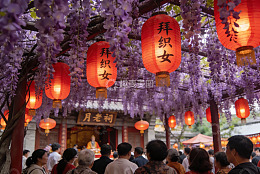 紫藤花下红灯笼祈福场景