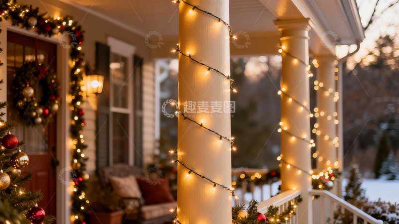 高清大图下载【趣麦麦图】冬日圣诞装饰的温馨门廊